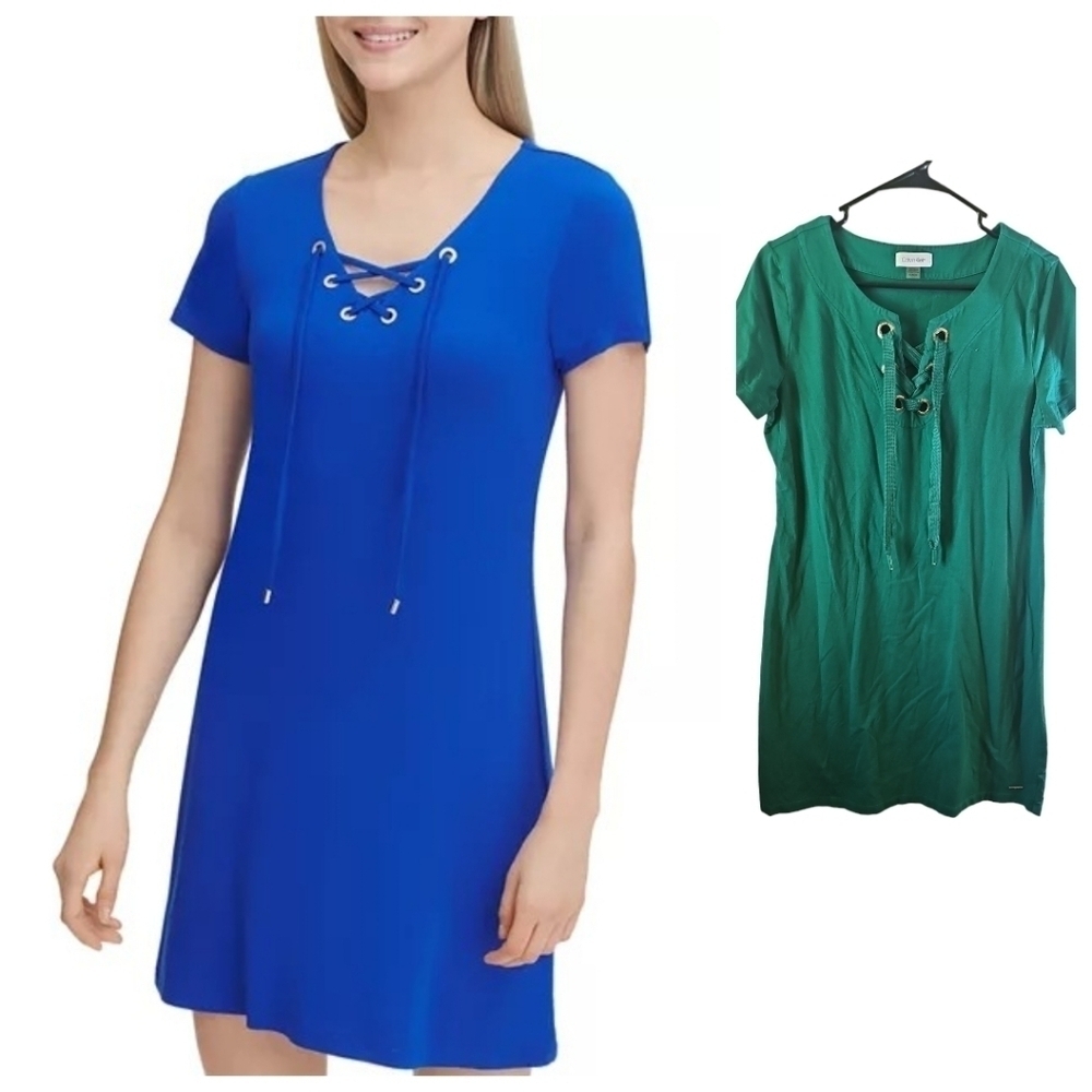 Calvin Klein green lace up front cotton dress sz medium